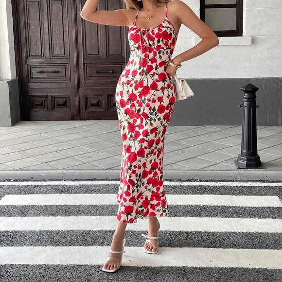 Red Boho Women's Elegant Floral Rose Print Sleeveless Dress - Picture 5 of 7